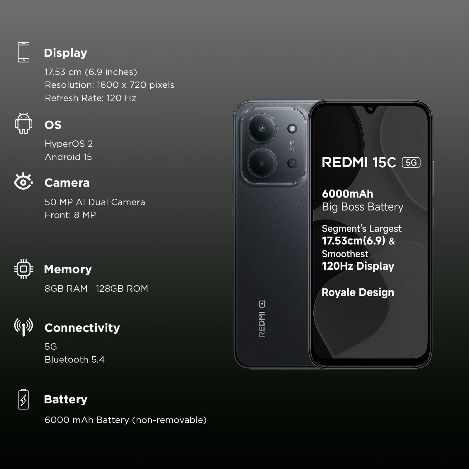 Buy Redmi 15C 5G (8GB RAM, 128GB, Midnight Black) Online - Croma